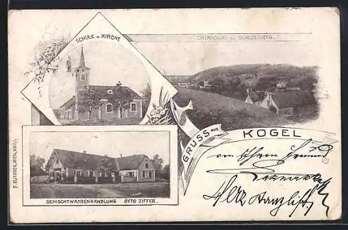 AK Sieghartskirchen /N.-Oe., Kogl, Gemischtwaren Otto Ziffer, Schule u. Kirche, Ortsansicht mit Schlossberg