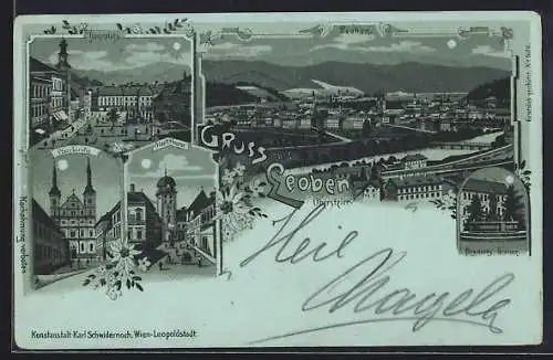 Mondschein-Lithographie Leoben /Obersteier, Bergmann-Brunnen, Stadtthurm, Hauptplatz, Gesamtansicht