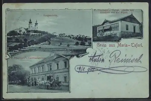 Mondschein-AK Maria Taferl, F. Finzingers Gasthausgarten und -veranda, Bergansicht mit Kirche