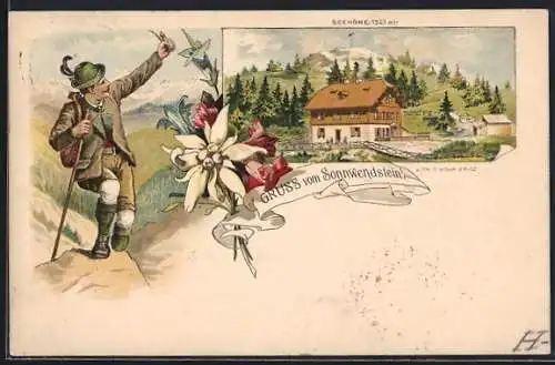 Lithographie Schottwien, Alpenhotel Friedrich Schüler am Sonnwendstein, Wanderer in Tracht