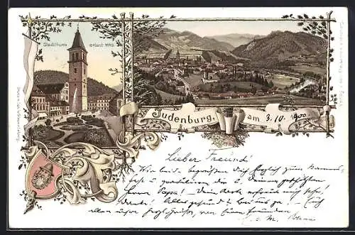 Lithographie Judenburg, Panorama und Blick auf den Stadtturm, Verzierung mit Wappen