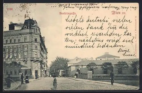 AK Wien, Beatrixgasse mit Brücke und Haus P. A. Kruss