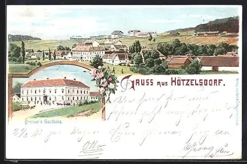 Lithographie Geras, Hötzelsdorf, Brunner`s Gasthaus, Ortsansicht aus der Vogelschau