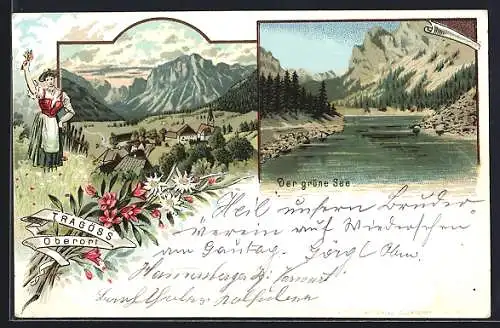 Lithographie Tragöss, Oberort, Der grüne See, Trachtenmädchen mit Ortsansicht