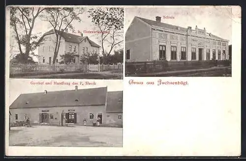 AK Haringsee /N.-Oe., Fuchsenbigl, Gasthof-Handlung P. Slavik, K. k. Gutsverwaltung, Schule