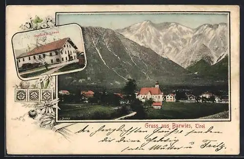 AK Barwies /Tirol, Gasthof zum Löwen, Ortsansicht mit Bergpanorama