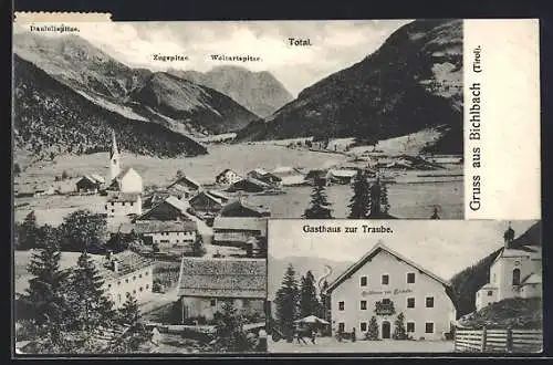 AK Bichlbach /Tirol, Gasthaus zur Traube mit Kirche, Teilansicht mit Bergspitzen