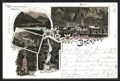 Lithographie Brenner, Ortsansicht, Blick auf den Brennersee, Etzeldenkmal & Gasthof zur Post