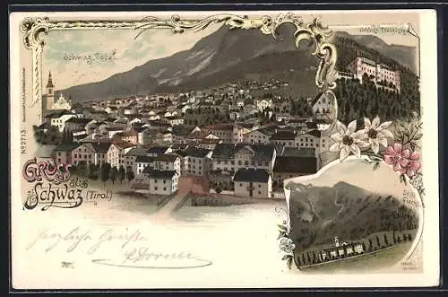 Lithographie Schwaz, Gesamtansicht, Schloss Tratzberg