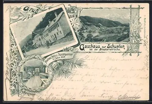 AK Mutters /Tirol, Gasthaus zum Schupfen bei der Stephansbrücke, Hoferzimmer, Ortsansicht mit Brücke