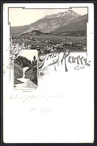 Lithographie Reutte /Tirol, Gesamtansicht und Stuibenfall