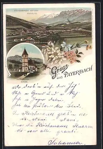 Lithographie Payerbach, Ansicht mit der Raxalpe und Payerbacher Kirche