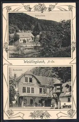 AK Weidlingbach /N.-Oe., Restaurant Josef Schleinzer und die Volksschule