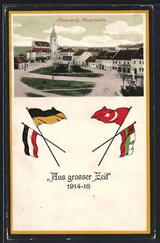 AK Sitzendorf, Hauptplatz mit Kirche, Flaggen der Mittelmächte