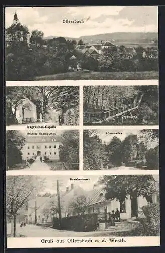 AK Ollersbach a. d. Westb., Magdalenenkapelle, Schloss Baumgarten, Löwenallee, Bezirkstrasse