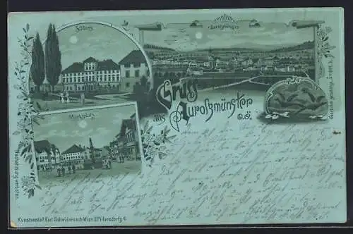 Mondschein-Lithographie Aurolzmünster /O.Ö., Schloss, Marktplatz, Gesamtansicht