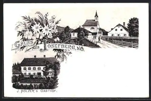 Lithographie Mitterbach am Erlaufsee, Josefsberg, J. Holzer`s Gasthof, Kirche