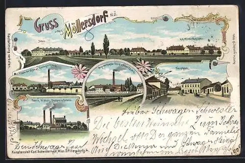 Lithographie Traiskirchen /N.Ö., Möllersdorf, Schule, K.k. Militärstrafanstalt, verschiedene Fabriken, Hauptplatz