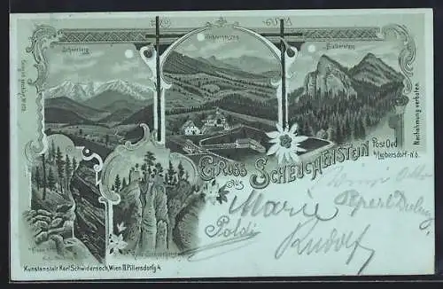 Mondschein-Lithographie Scheuchenstein /Leobersdorf, Klamm, Burgruine, Schneeberg, Balberstein