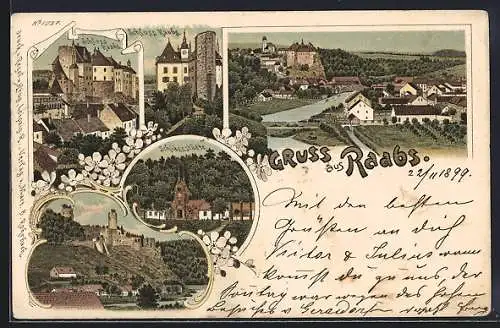 Lithographie Raabs, Totale am Thayaufer, Schloss Raabs, Ruine Kollmitz, Schiessstätte