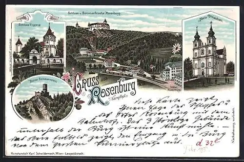 Lithographie Rosenburg im Kampthal, Schloss, Maria Dreieichen, Ruine Schauenstein