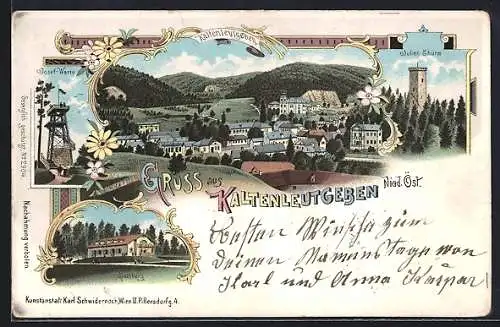 Lithographie Kaltenleutgeben, Josefwarte, Julienturm, Gasthaus Gaisberg