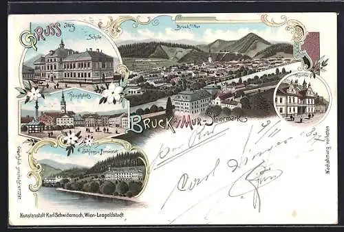 Lithographie Bruck a. Mur, Schule, Hauptplatz, Schloss und Pensionat, Gesamtansicht