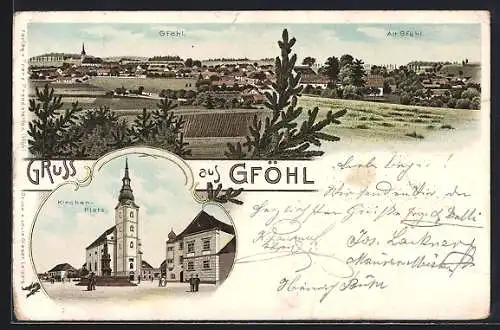 Lithographie Gföhl, Ortsansicht aus der Vogelschau, Partie am Kirchenplatz