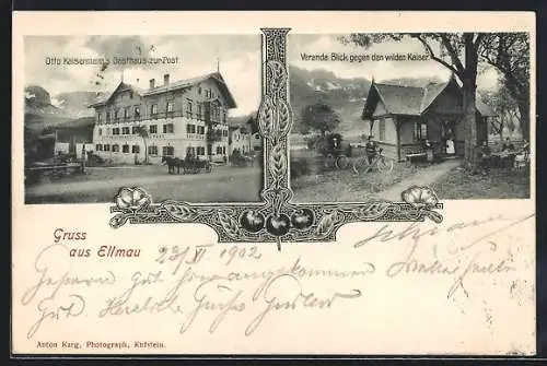 AK Ellmau, Otto Kaisermann`s Gasthaus zur Post, Verandablick gegen den Wilden Kaiser