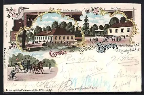 Lithographie Liesing, Gasthof zum grünen Baum mit Gartenwirtschaft