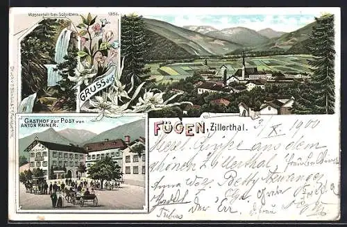 Lithographie Fügen im Zillerthal, Gasthof zur Post von Anton Rainer, Ortsansicht