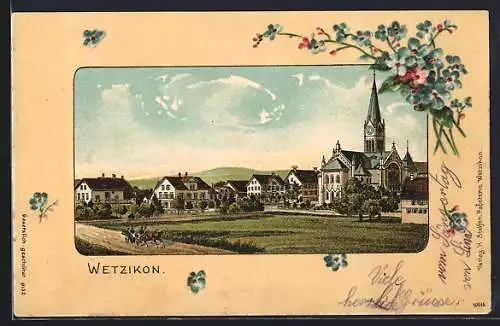 Lithographie Wetzikon, Teilansicht der Ortschaft mit Kirche, Passepartout mit Blumen