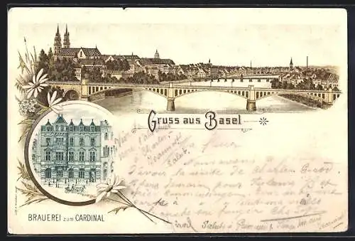 Lithographie Basel, Hotel Schweizerhof von E. Goetzinger, Teilansicht der Ortschaft mit Brücke