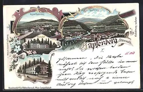 Lithographie Kapfenberg /Steiermark, Fürstenhof, Kurhaus Steinerhof und Vorstadt