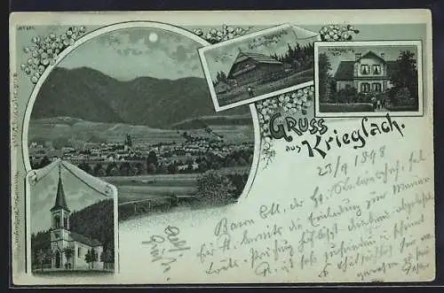 Mondschein-Lithographie Krieglach, P. K. Roseggers Geburtshaus und Villa sowie die Kirche