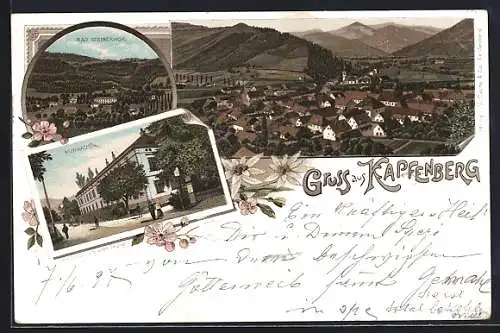 Lithographie Kapfenberg, Bad Steinerhof, Kurhaus und Gesamtansicht