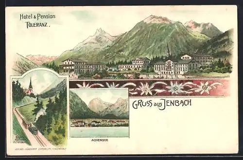 Lithographie Jenbach, Teilansicht mit Hotel-Pension Toleranz, Zahnradbahn Achensee