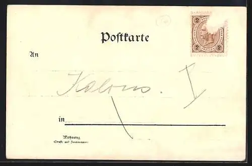 Lithographie Jenbach, Teilansicht mit Hotel-Pension Toleranz, Zahnradbahn Achensee