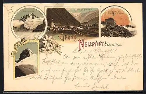 Lithographie Neustift i. Stubaithal, Schaufelspitz, Zuckerkütel und Kaiserin Elisabeth Schutzhaus