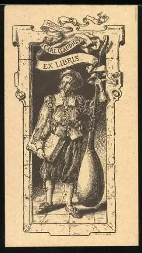 Exlibris Carl Claudius, höfischer Musiker mit Laute, musikhistorisches Museum, Malmö