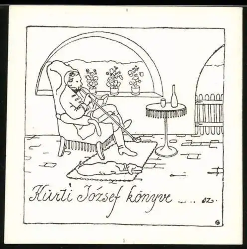 Exlibris Kürti Jozsef, Herr raucht Pfeife in der Stube