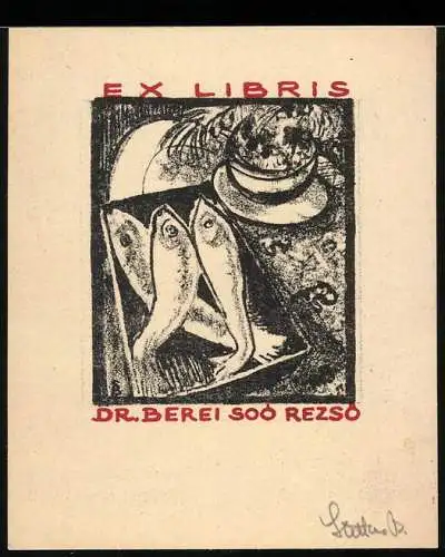 Exlibris Dr. Berei Soo Rezso, Fische in einer Schale auf Tisch liegend