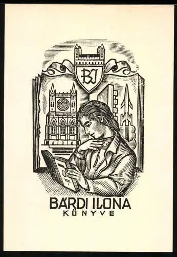 Exlibris von Drahos für Ilona Bardi, Dame studiert ein Buch, Kathedrale, Rakete