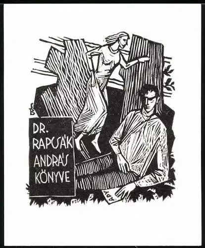 Exlibris von Bela Stettner für Dr. Rapcsak Andras, Herr unter Baum sitzend nebst Dame