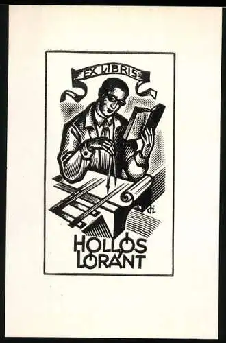 Exlibris Hollos Lorant, Zeichner mit Zirkel liest ein Buch