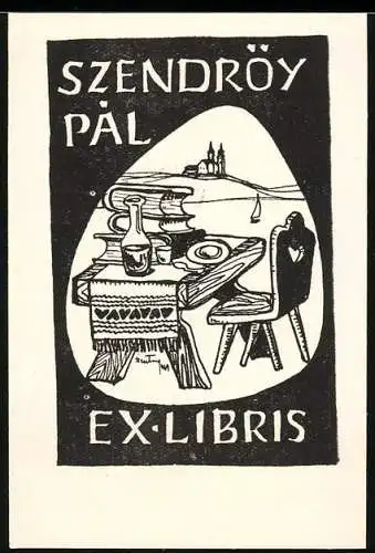 Exlibris Pal Szendröy, Bücher auf einem Holztisch liegend