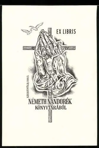 Exlibris Nemeth Nandorek, Jesus am Kreuz, zum Gebet gefaltete Hände