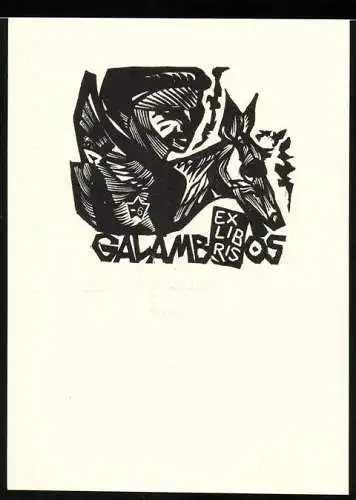 Exlibris von Arisztid für Galambos, Figur auf Esel sitzend