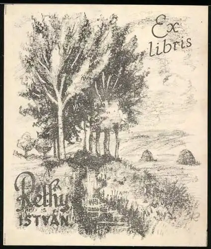 Exlibris Istvan Rethy, Landschaft mit Baumgruppe am Bachlauf