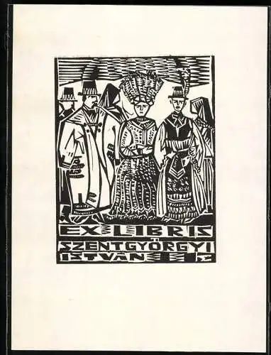 Exlibris von M. Trojan für Istvan Szentgyörgyi, Paar in Tracht aus Ungarn